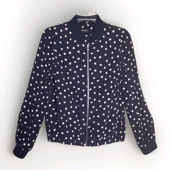 Kookai Polka Dot Bomber Jacket Womens Size 4 / 36 Navy Blue & White Zipper Light - Picture 9 of 9